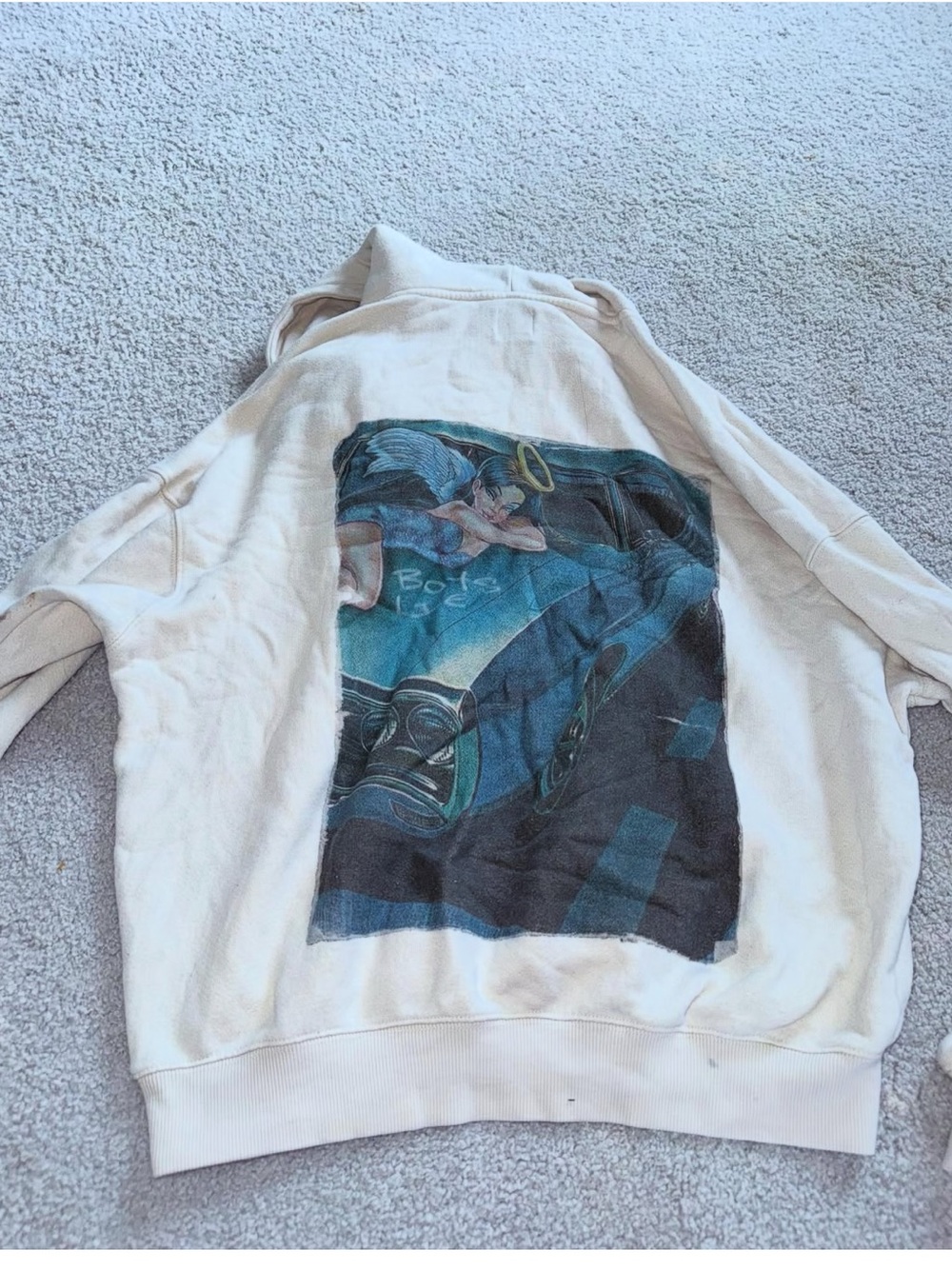 Boys Lie Cream Crewneck Sweatshirt with Blue Vintage Car Back Graphic